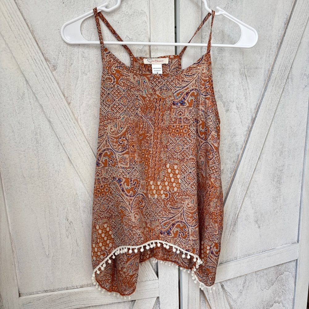 Love Blossom Boho Paisley Tank Top With Pom Poms Women’s Small Festival Hippie